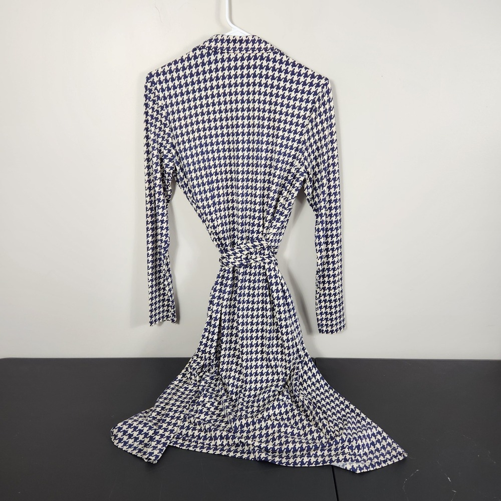J. McLaughlin Silk Wrap Dress Navy Houndstooth Long Sleeve Preppy Coastal Size M - Picture 2 of 7